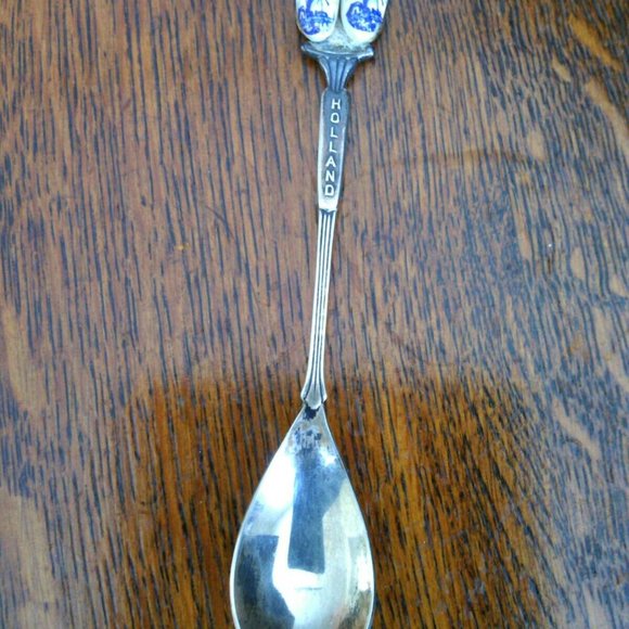 Dutch Spoon Porcelain Clogs Collectable Silver Sugar Tea Blue White Windmill Jam - Picture 8 of 16
